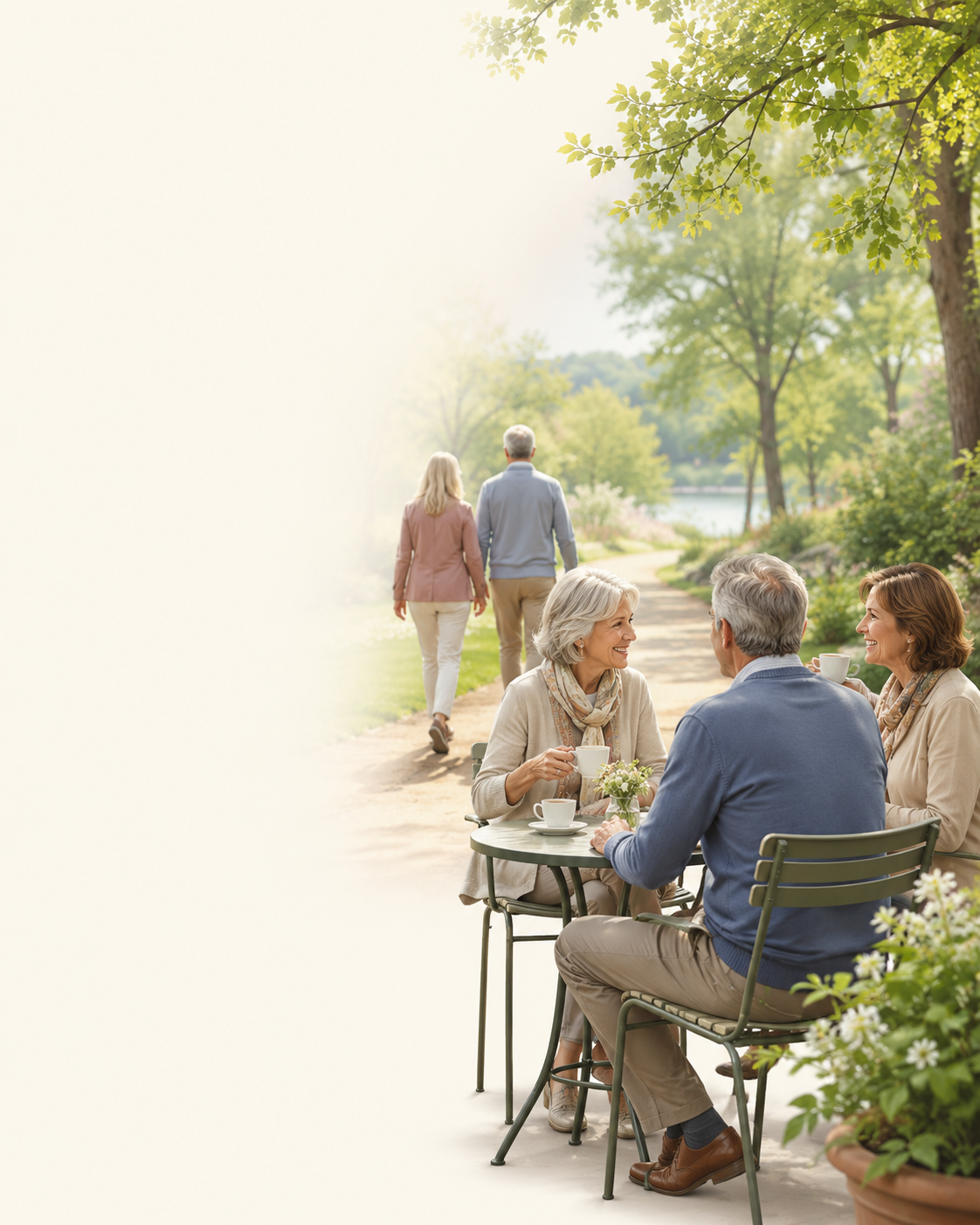 Freundliche ältere Menschen sitzen zusammen im Parkcafé und trinken Kaffee